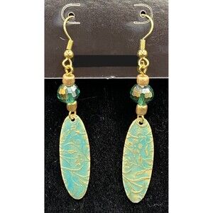 Handmade Verdigris Floral Oval & AB Green Glass Bead Earrings by Neanie-Bot